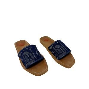 Chloé Navy Mesh Logo Slide Sandals Brown Leather Sole EU 37 Designer Flats